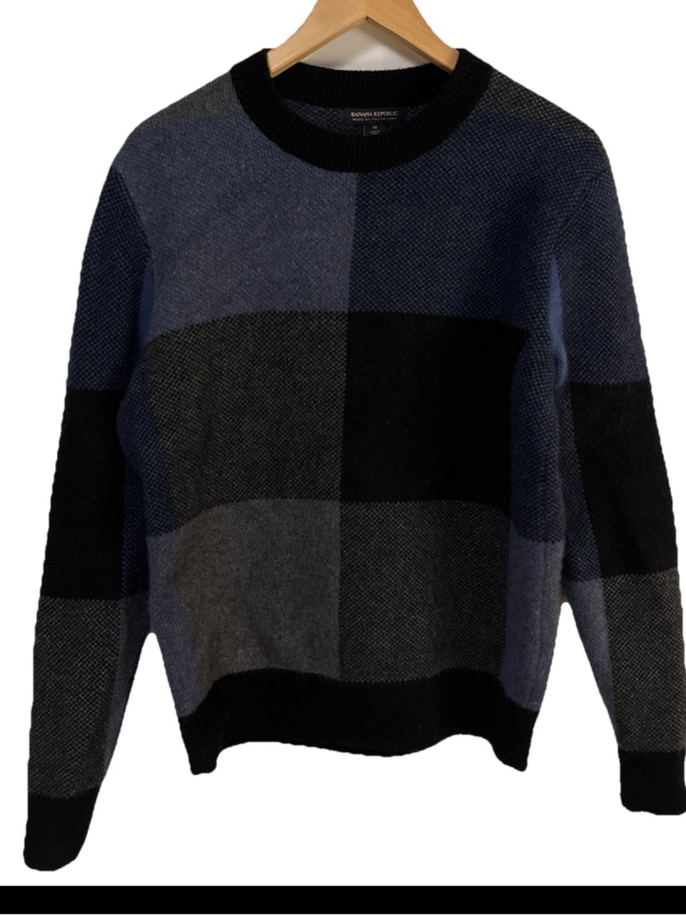 Banana Republic Men Italian Yarn Knit Sweater Pullover Crew Neck Check Back Blue